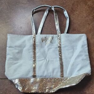 Victoria's Secret White and Gold Tote Bag with Metallic Handles